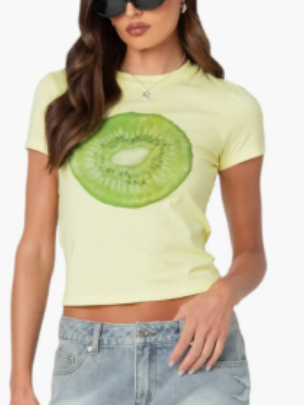 Edikted Pale Green/Yellow Tee with Kiwi Graphic Size XS